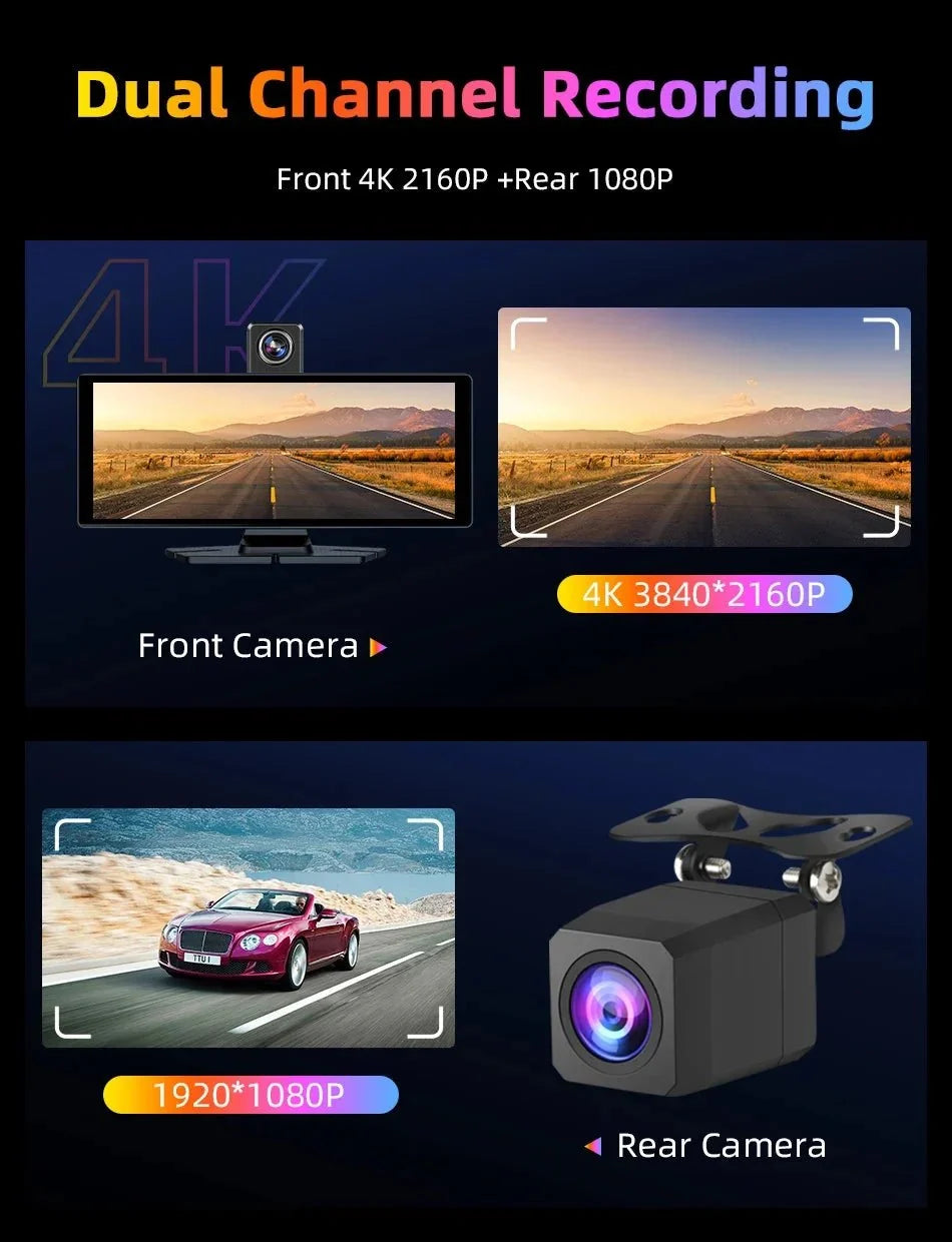4K Dash Cam CarPlay Android Auto 350 Degree Rotating Lens GPS Bluetooth 7 Inch - stepyours.com