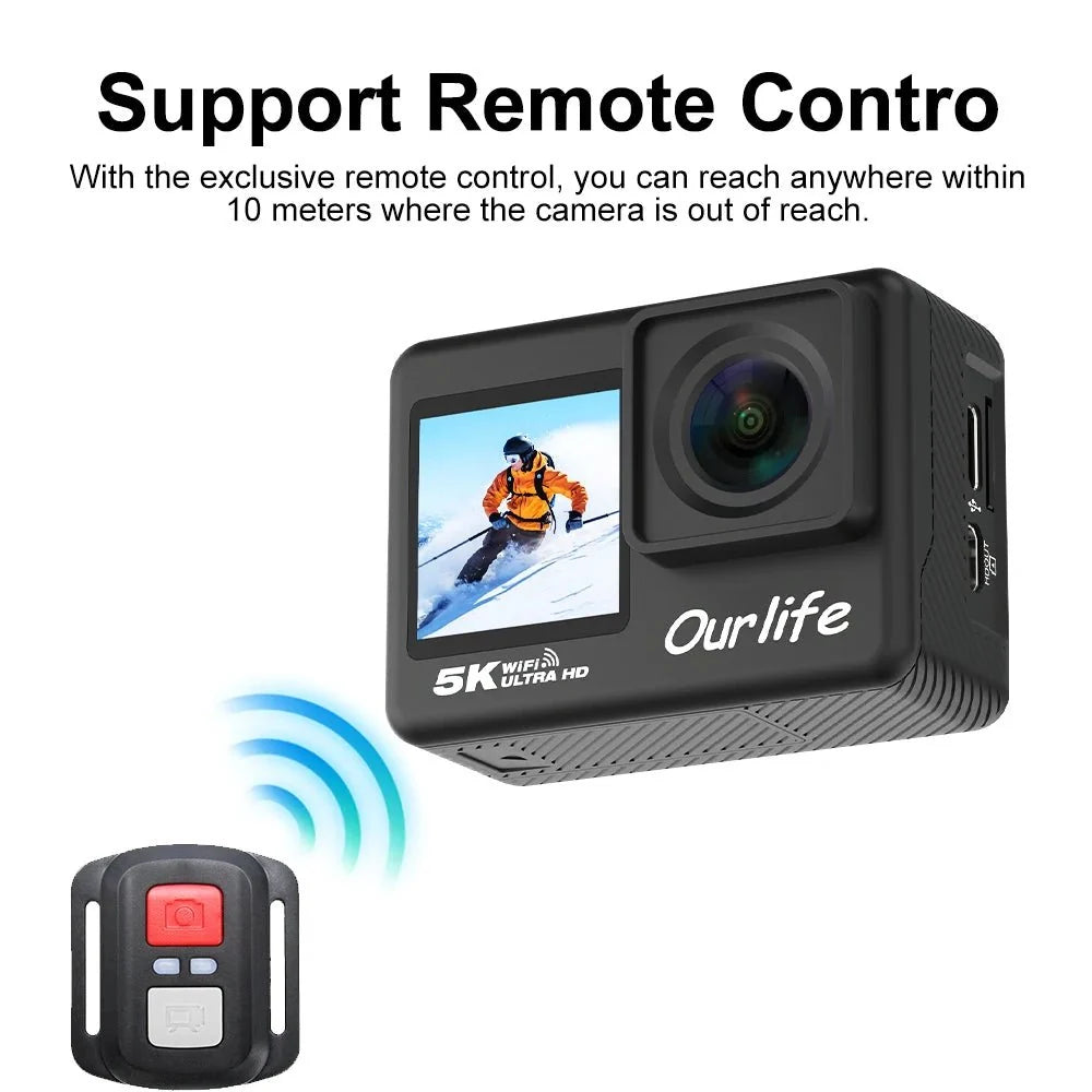 Ourlife 5K 30FPS Action Camera 2 Inch LCD 170 Degree Waterproof Remote Control - stepyours.com