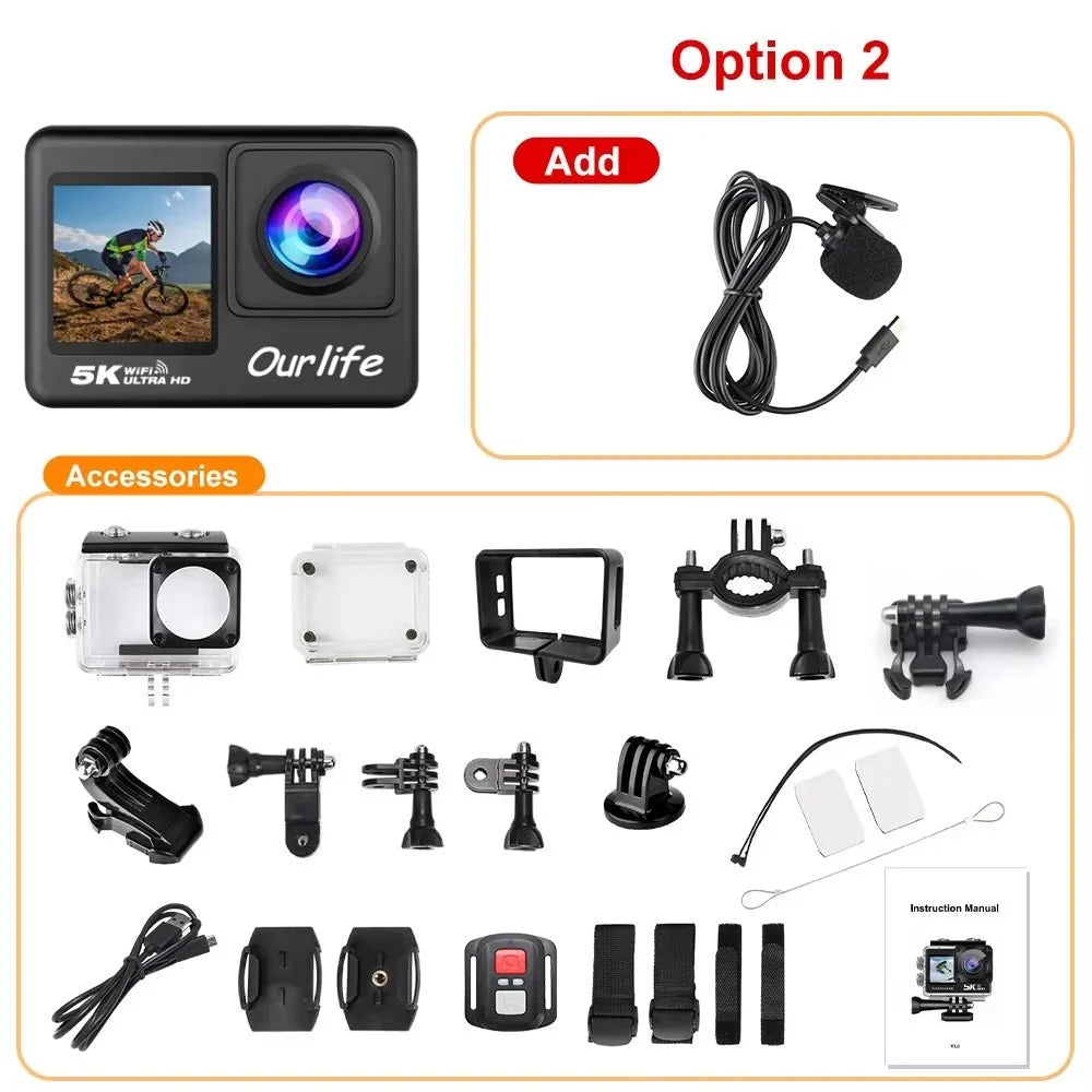 Ourlife 5K Action Camera 4K60FPS 2 Inch Touch Screen WiFi 30M Waterproof Bicycle - stepyours.com