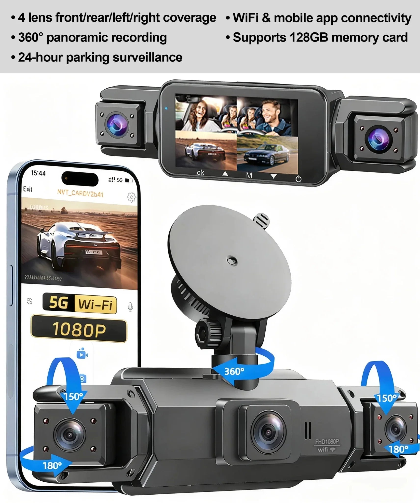 4 Channel WiFi Dash Cam for Cars Front and Rear Interior 360 DVR - stepyours.com