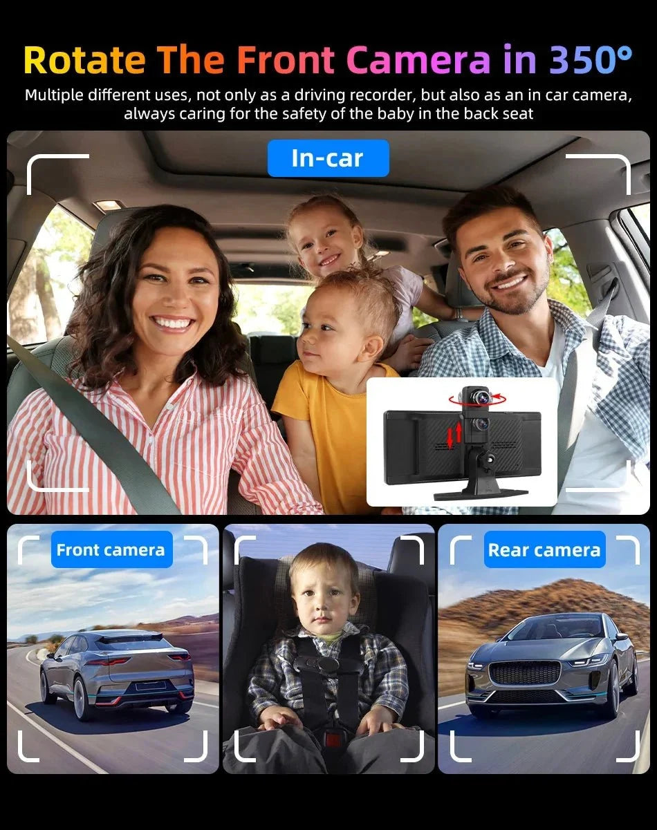 4K Dash Cam CarPlay Android Auto 350 Degree Rotating Lens GPS Bluetooth 7 Inch - stepyours.com