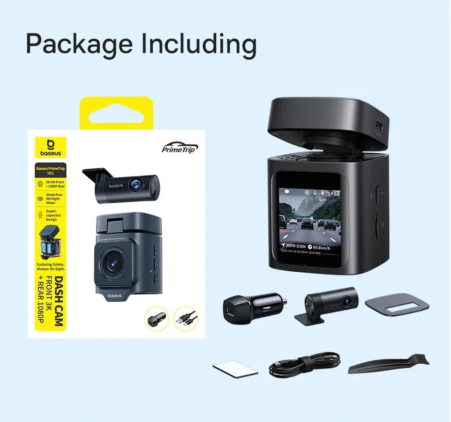 Baseus VD1 3K Dash Cam Front And Rear With GPS Supercapacitor 24H Parking - stepyours.com