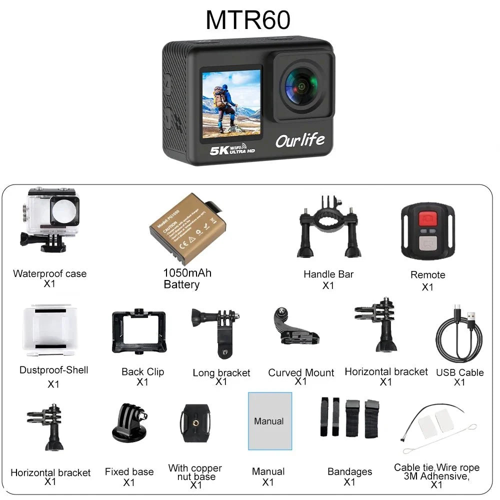 Ourlife MTR60 Action Camera 5K 30FPS Waterproof 2 Inch Touch LCD 4K60FPS WiFi - stepyours.com