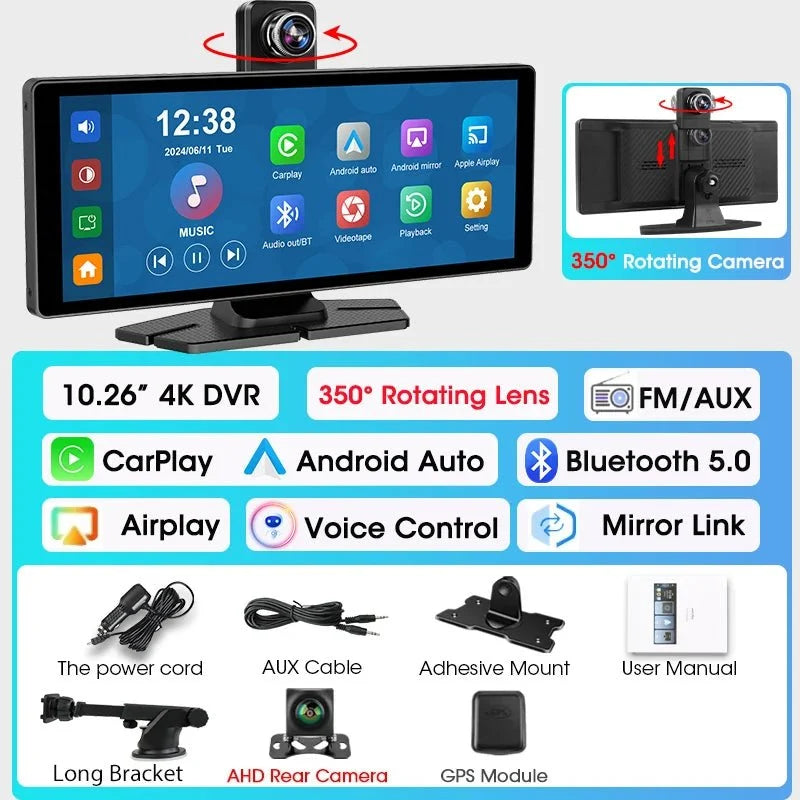 4K Dash Cam With Wireless CarPlay Android Auto GPS 7 Inch Or 10.26 Inch - stepyours.com