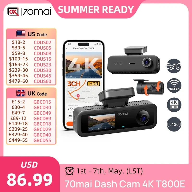 70mai T800E 4K Dash Cam 3 Channel Car DVR With Rear And Interior 1080P HDR GPS - stepyours.com