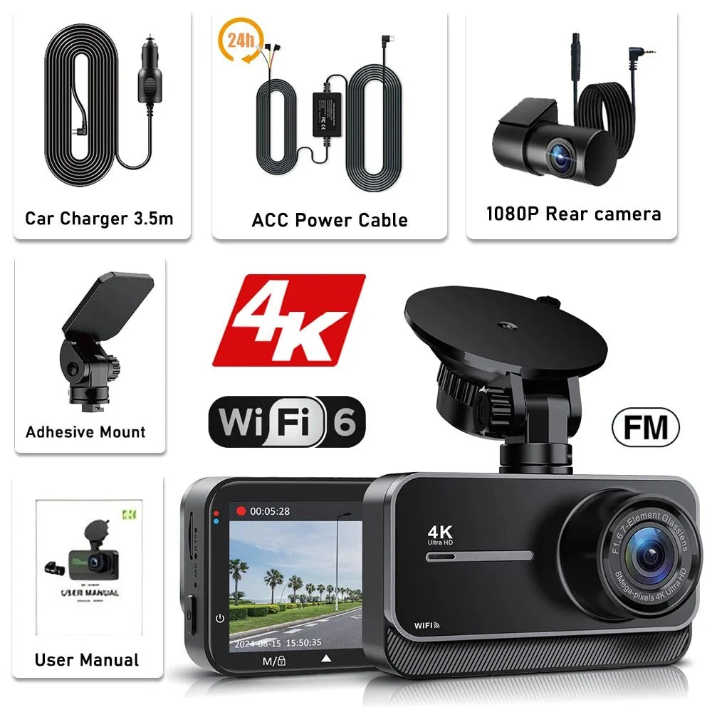 4K Dash Cam For Cars Front And Rear With WiFi Parking Mode Recorder - stepyours.com