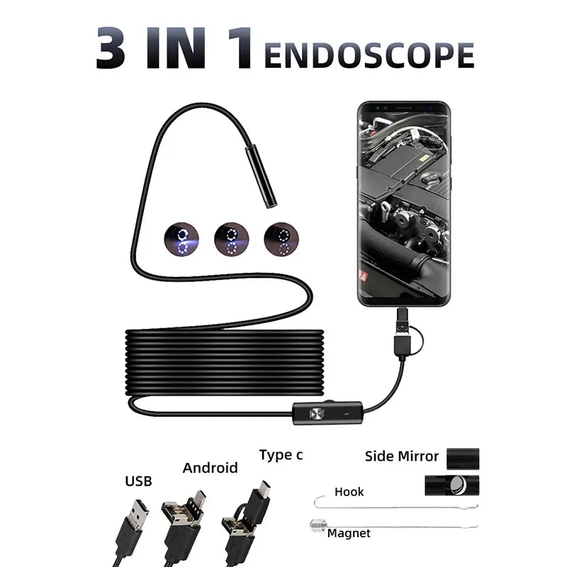 Practical 7mm Android Endoscope 3 In 1 USB Type C Borescope Waterproof Hooks - stepyours.com