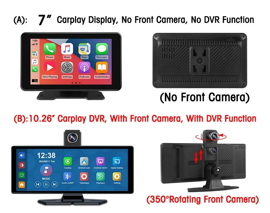 4K Dash Cam CarPlay Android Auto 350 Degree Rotating Lens GPS Bluetooth 7 Inch - stepyours.com
