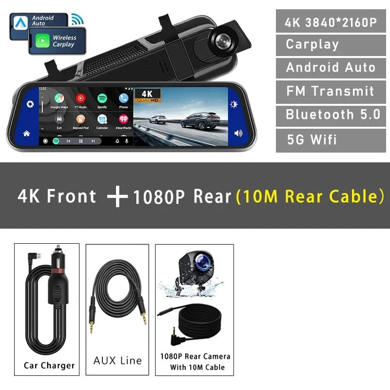 10 Inch 4K Dash Cam With CarPlay Android Auto GPS WiFi Rearview Mirror - stepyours.com