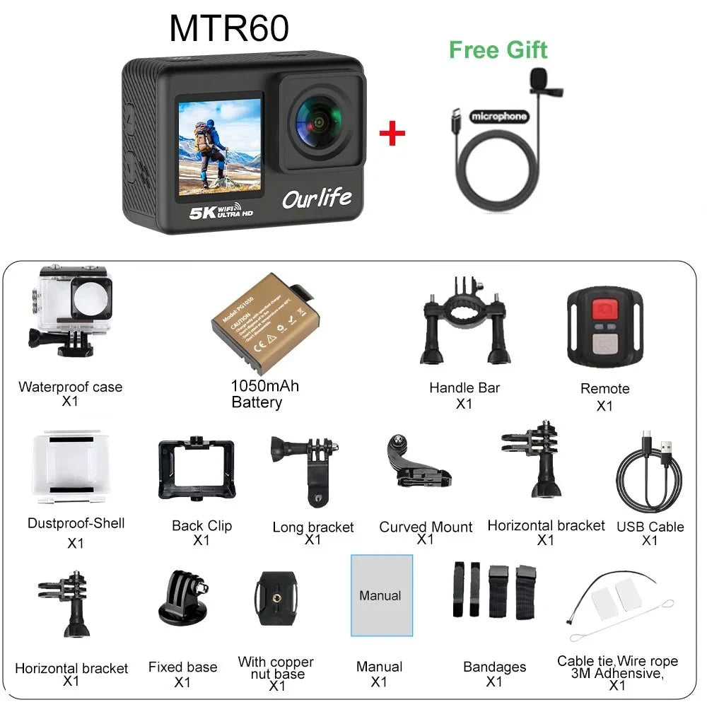 Ourlife MTR60 Action Camera 5K 30FPS Waterproof 2 Inch Touch LCD 4K60FPS WiFi - stepyours.com