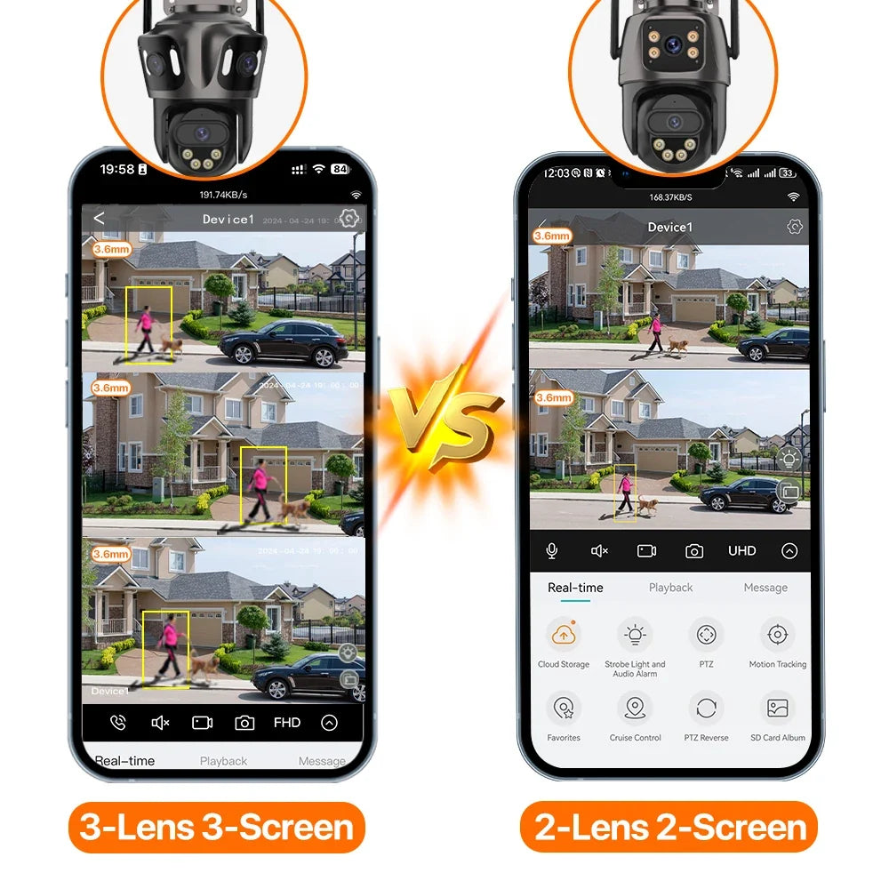 Three Screen WiFi IP Camera - 4K Dual Lens PTZ With AI Detection IP66 Waterproof by stepyours.com