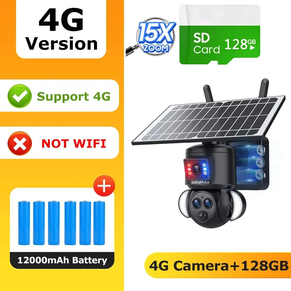 SHIWOJIA 4K 8MP Solar Camera With 4G SIM WiFi Color Night Vision PTZ Dual Lens - stepyours.com