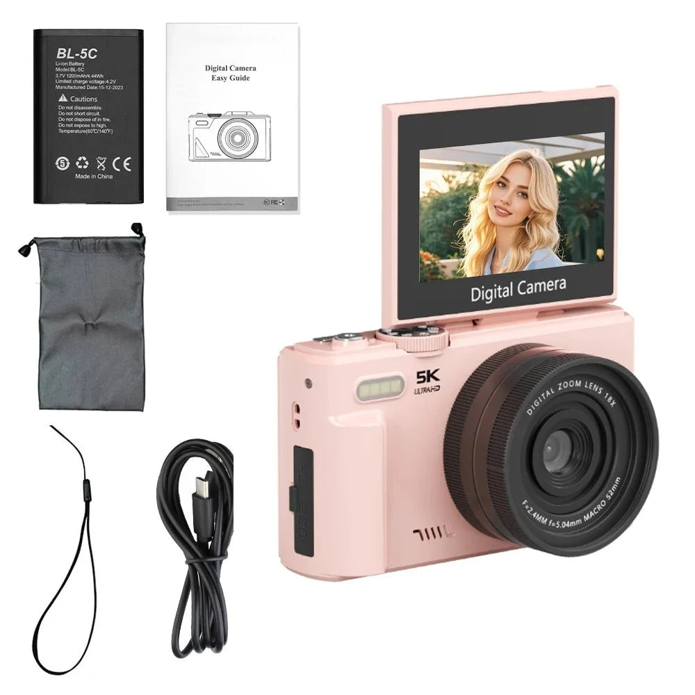 5K Compact Digital Camera With 18X Zoom 180 Degree Flip Screen For YouTube Vlog - stepyours.com