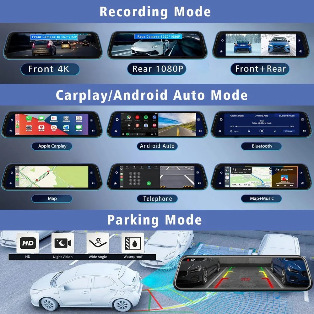 10 Inch 4K Dash Cam With CarPlay Android Auto GPS WiFi Rearview Mirror - stepyours.com