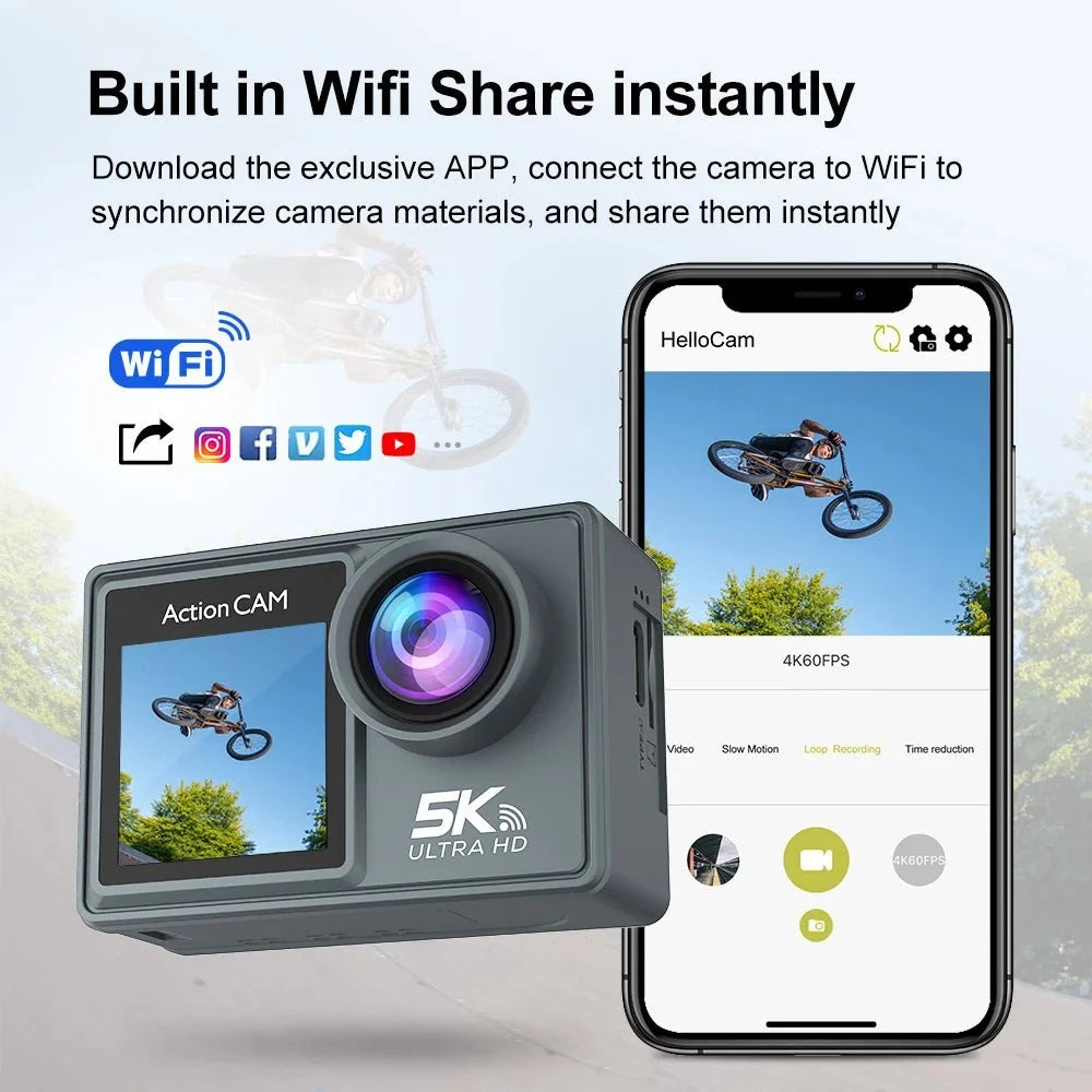 Adventure Ready Action Camera 5K 4K60FPS Dual IPS Touch LCD Waterproof 30M - stepyours.com