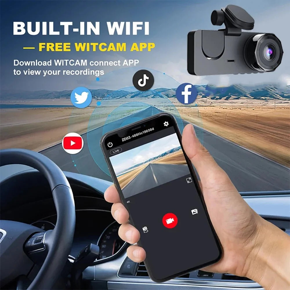 Triple Lens WiFi Dashcam Two Three Channel 1080P Night Vision Front And Rear - stepyours.com