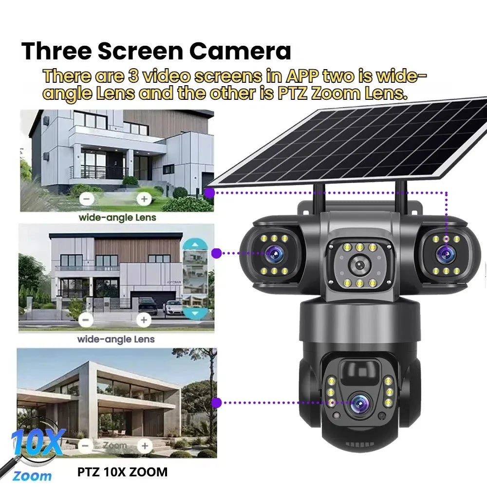 Solar 4G Outdoor Security Camera With 3 Lenses And 10X Zoom Night Vision - stepyours.com
