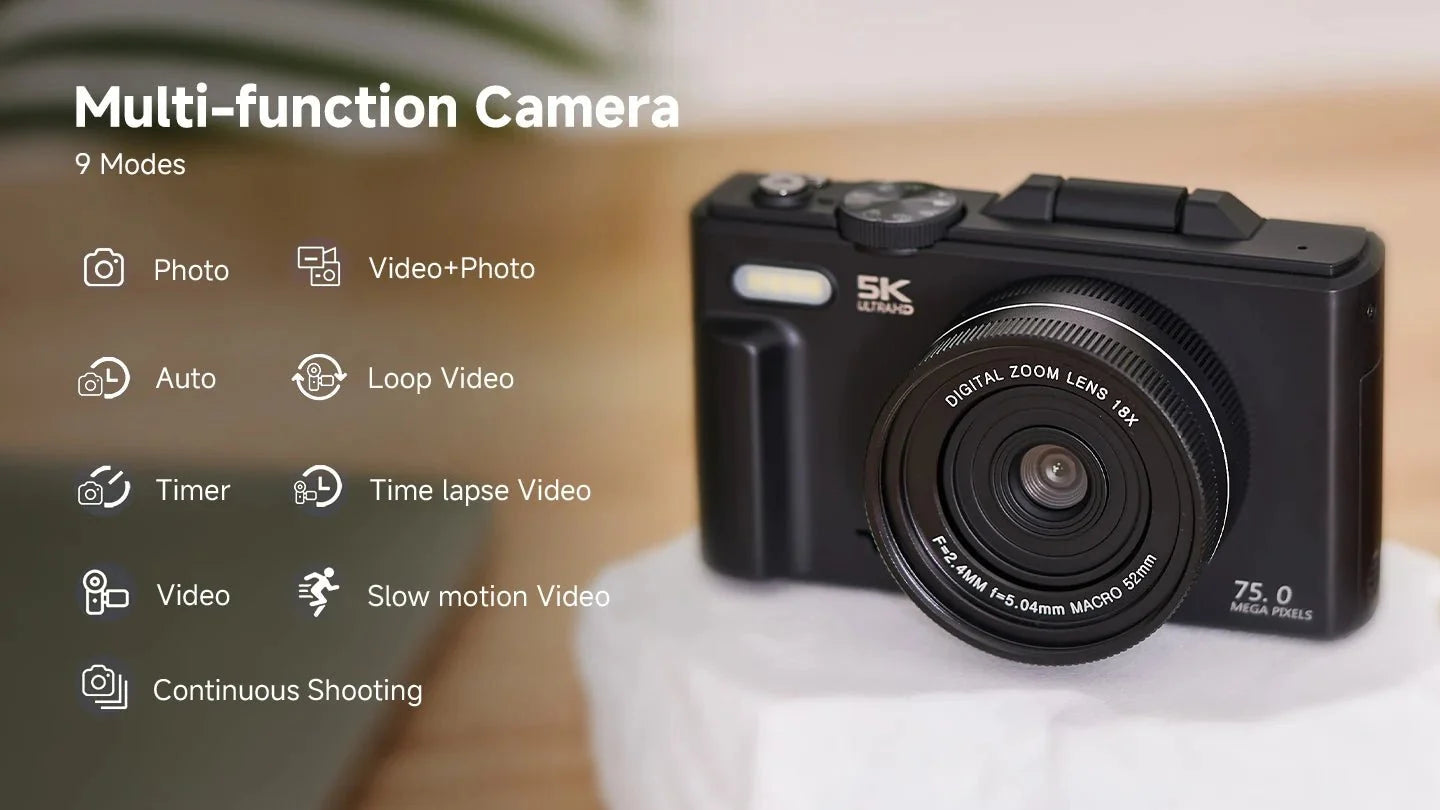 Amorus 75MP Digital Camera 5.7K Video 18x Zoom WiFi Vlog Camera - stepyours.com