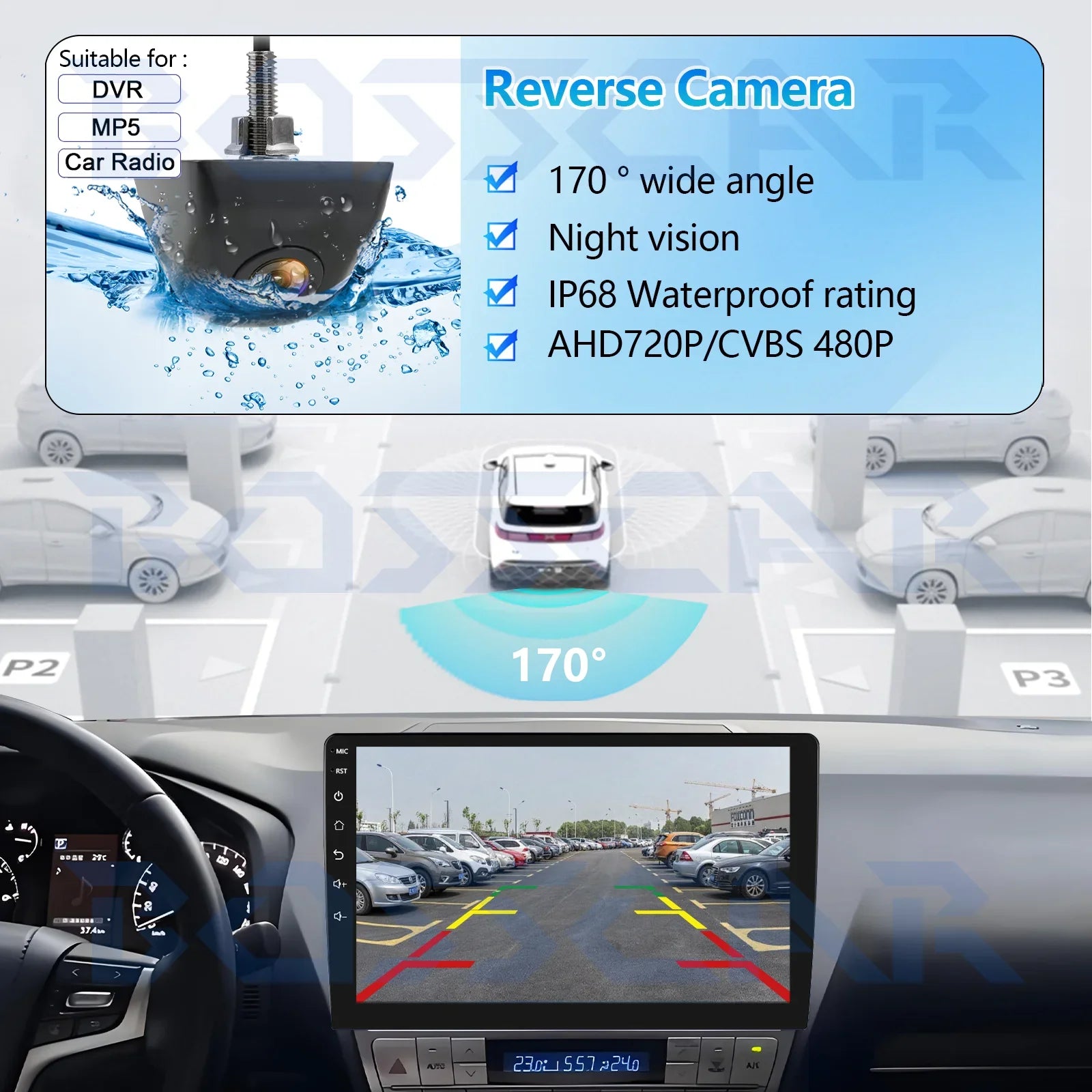 720P Car Rear View Backup Camera Waterproof 140 Degree Wide Angle For Junsun DVD - stepyours.com