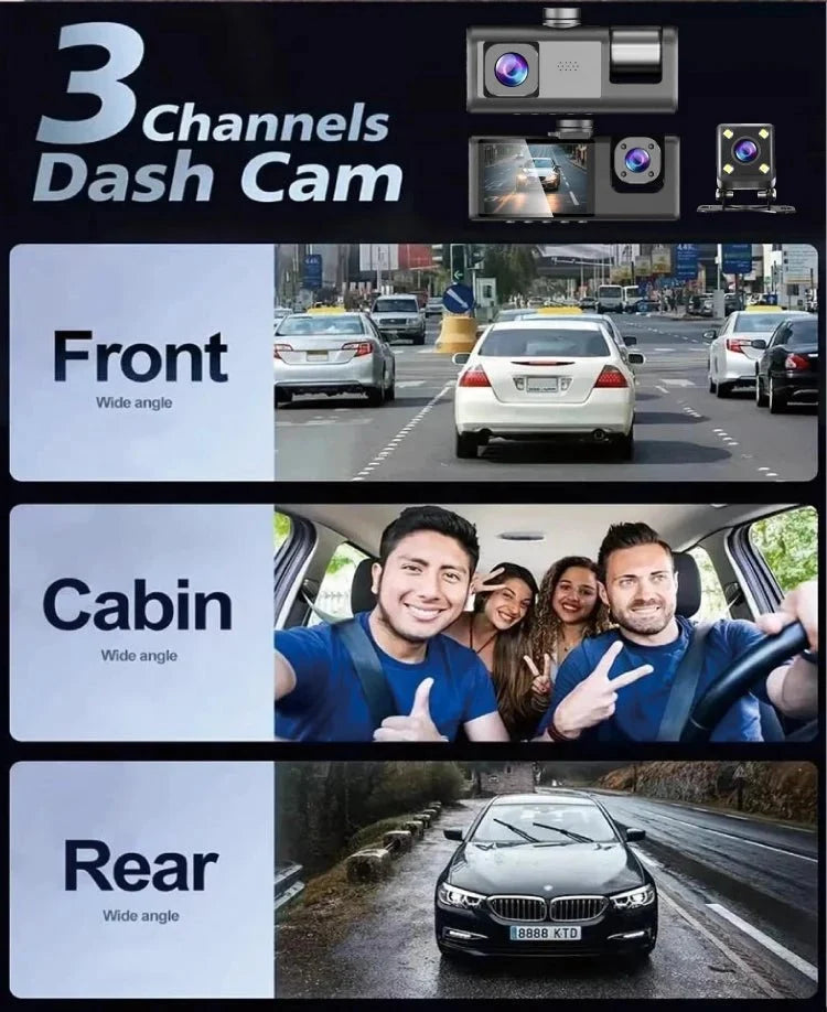 3 Channel Car Dash Camera 1080P Front Rear Cabin Night Vision - stepyours.com