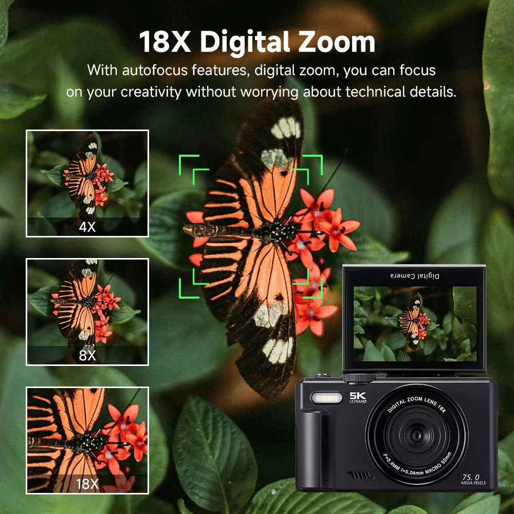 Amorus 5K Digital Camera 75MP 18X Zoom 180 Flip Screen WiFi For YouTube - stepyours.com