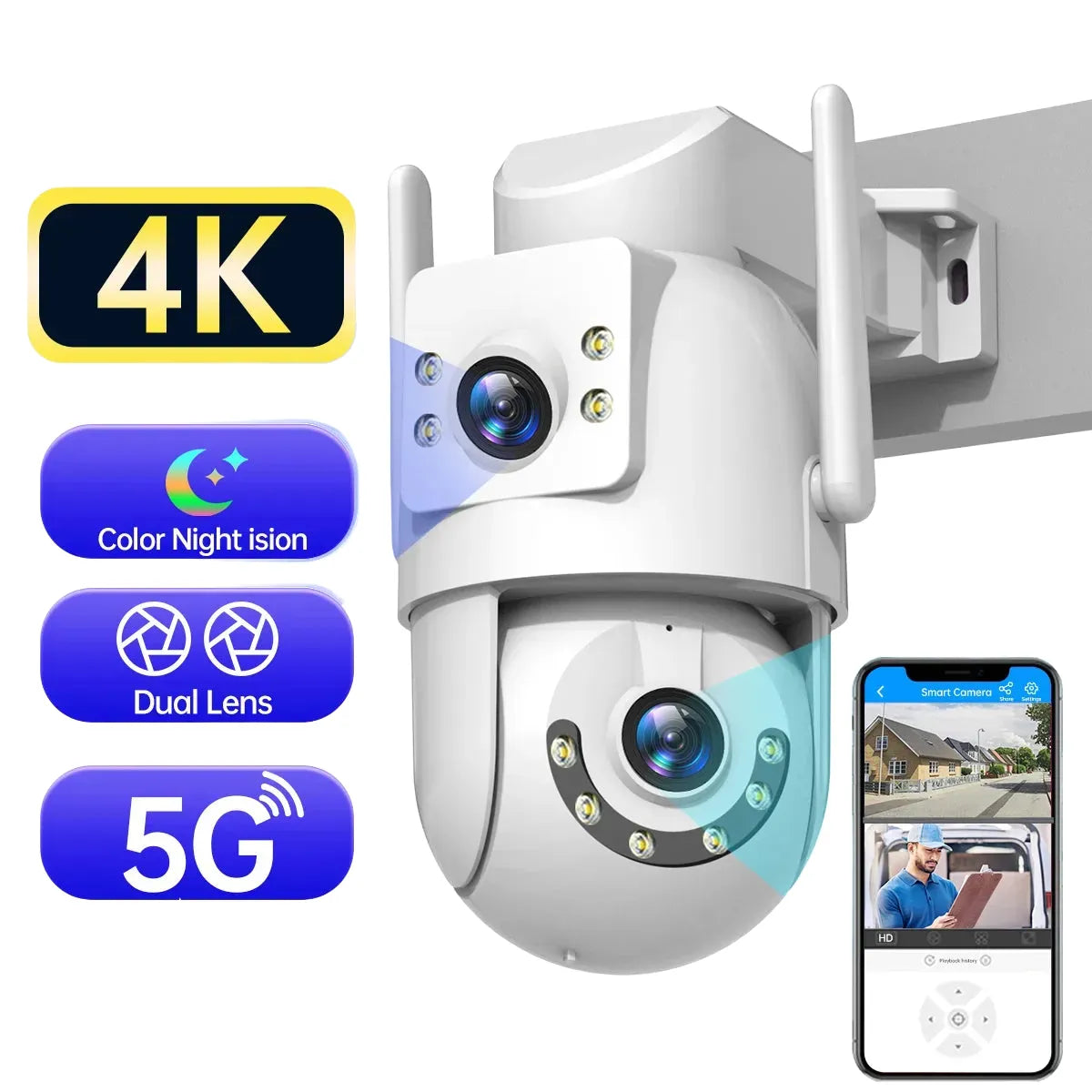 Jooan 4K Outdoor PTZ WiFi Camera AI Tracking Dual Lens 5X Zoom Hooks by stepyours.com