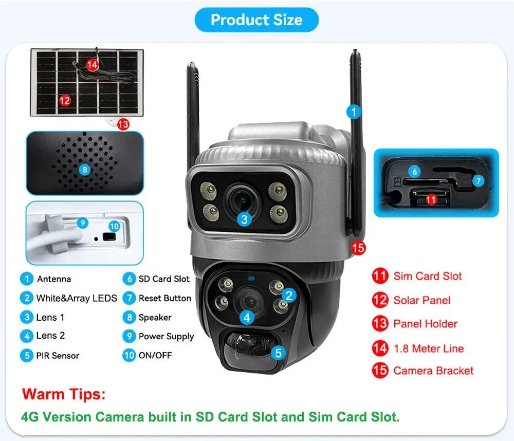 V380 Dual Lens 4G Solar PIR Camera Outdoor Security 8MP 4K IP Cam - stepyours.com