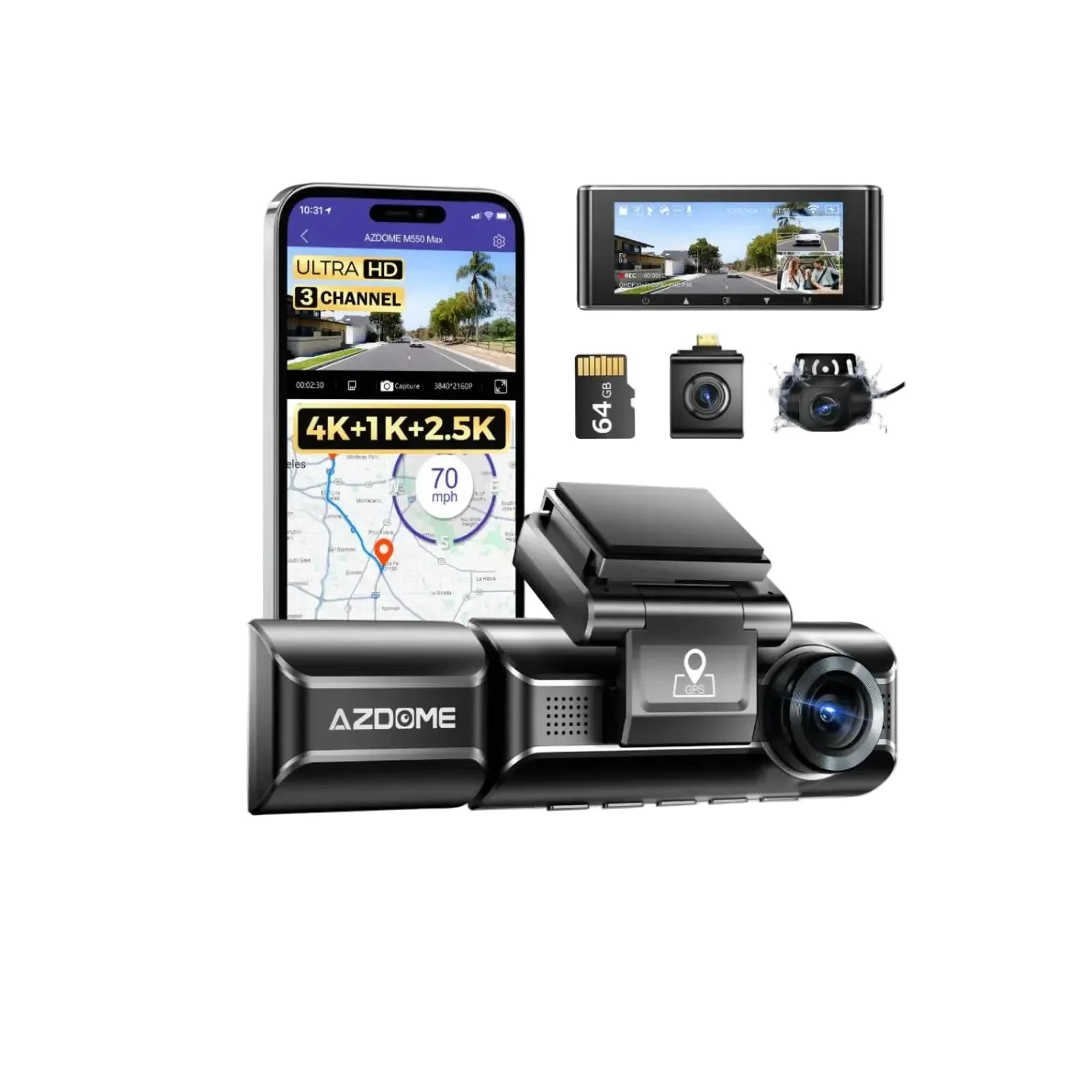 AZDOME 4K Dash Cam M550 Max GPS WiFi Car DVR 3.18Inch Screen Rear Cam - stepyours.com