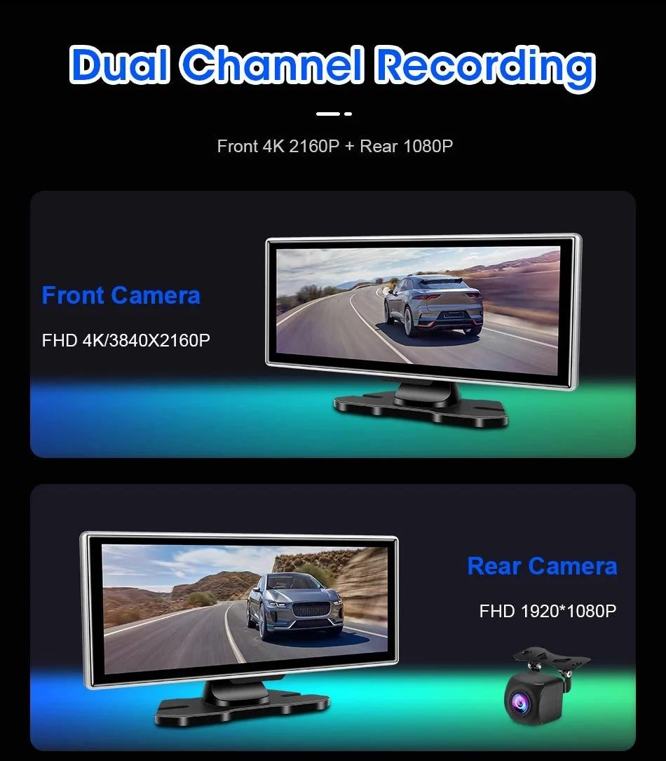 11.26 Inch 4K Dual Lens Dash Cam With Wireless CarPlay Android Auto GPS WiFi - stepyours.com