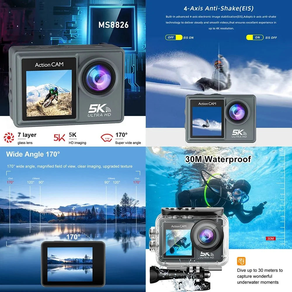 HUAFANT M4R Action Camera 5K 4K60FPS Waterproof 30m IPS Touch LCD 5X Zoom - stepyours.com