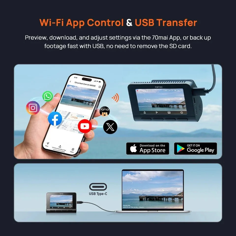 70mai Dash Cam 4K A800SE Dual Channel 24H Parking HDR WiFi 6 Voice Control - stepyours.com
