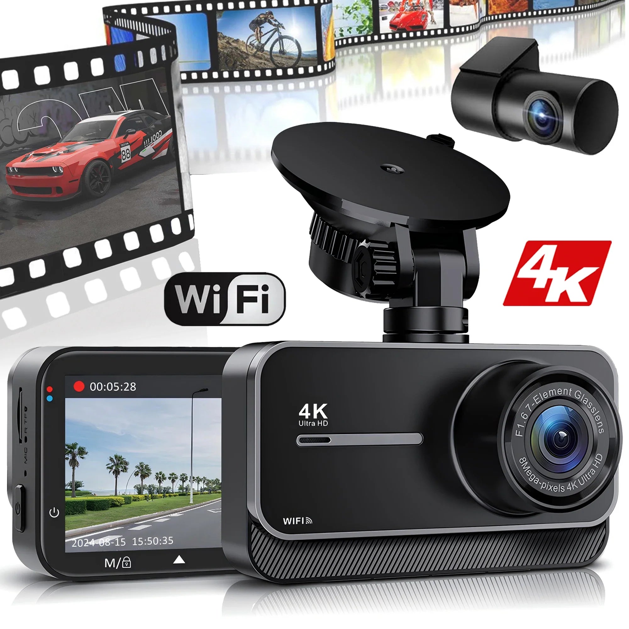 4K Dash Cam For Cars Front And Rear With WiFi Parking Mode Recorder - stepyours.com