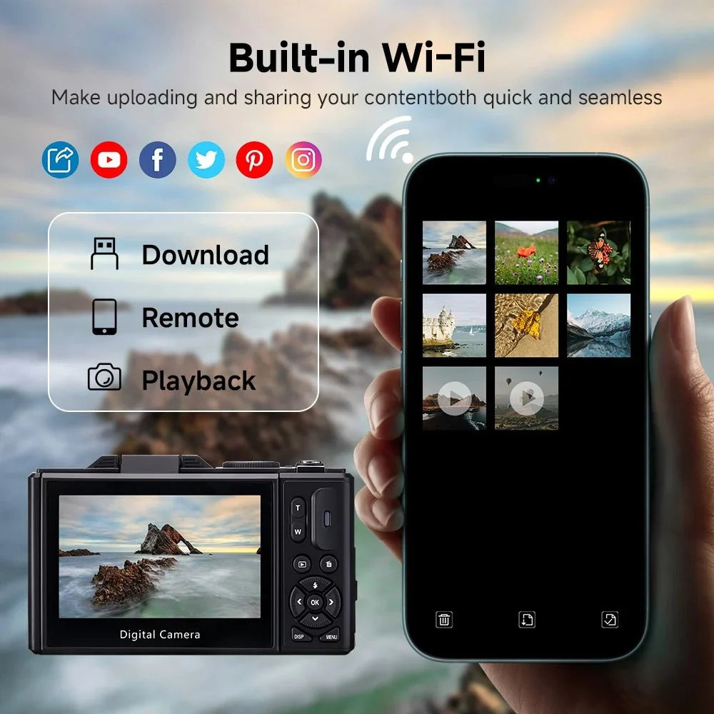 Amorus 75MP Digital Camera 5.7K Video 18x Zoom WiFi Vlog Camera - stepyours.com
