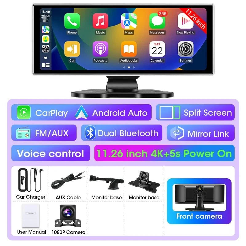 11.26 Inch 4K Dual Lens Dash Cam With Wireless CarPlay Android Auto GPS WiFi - stepyours.com