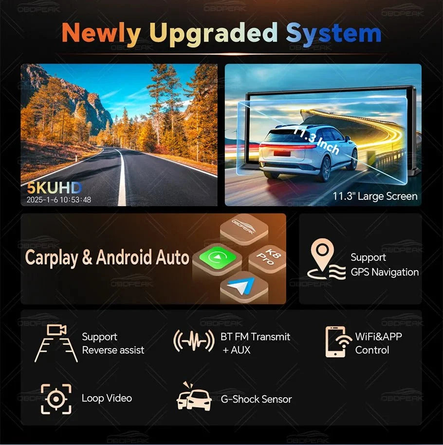 K8 Pro 11.3 Inch Dash Cam Dual Lens 5K GPS 5G WiFi Ultimate CarPlay Android Auto - stepyours.com