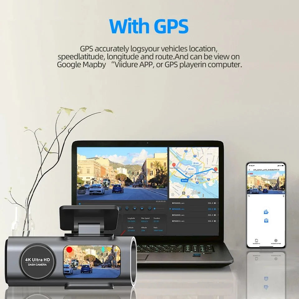 4K Dash Cam With GPS WiFi Night Vision Rear Camera Car DVR Recorder - stepyours.com