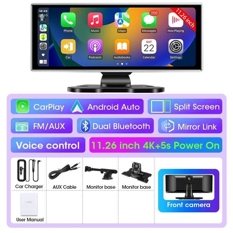 11.26 Inch 4K Dual Lens Dash Cam With Wireless CarPlay Android Auto GPS WiFi - stepyours.com