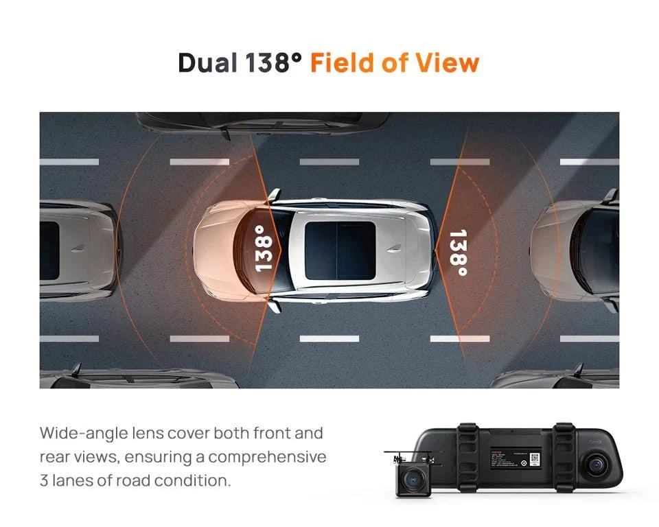 70mai S500 Rearview Dash Cam 9.35 Inch Touch Screen Dual Channel 3K HDR - stepyours.com