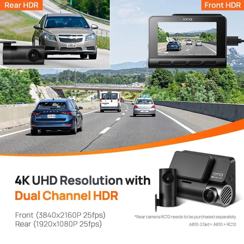 70mai 4K Dash Cam A810 Front Rear Set With 4G LTE UP04 GPS ADAS DVR - stepyours.com
