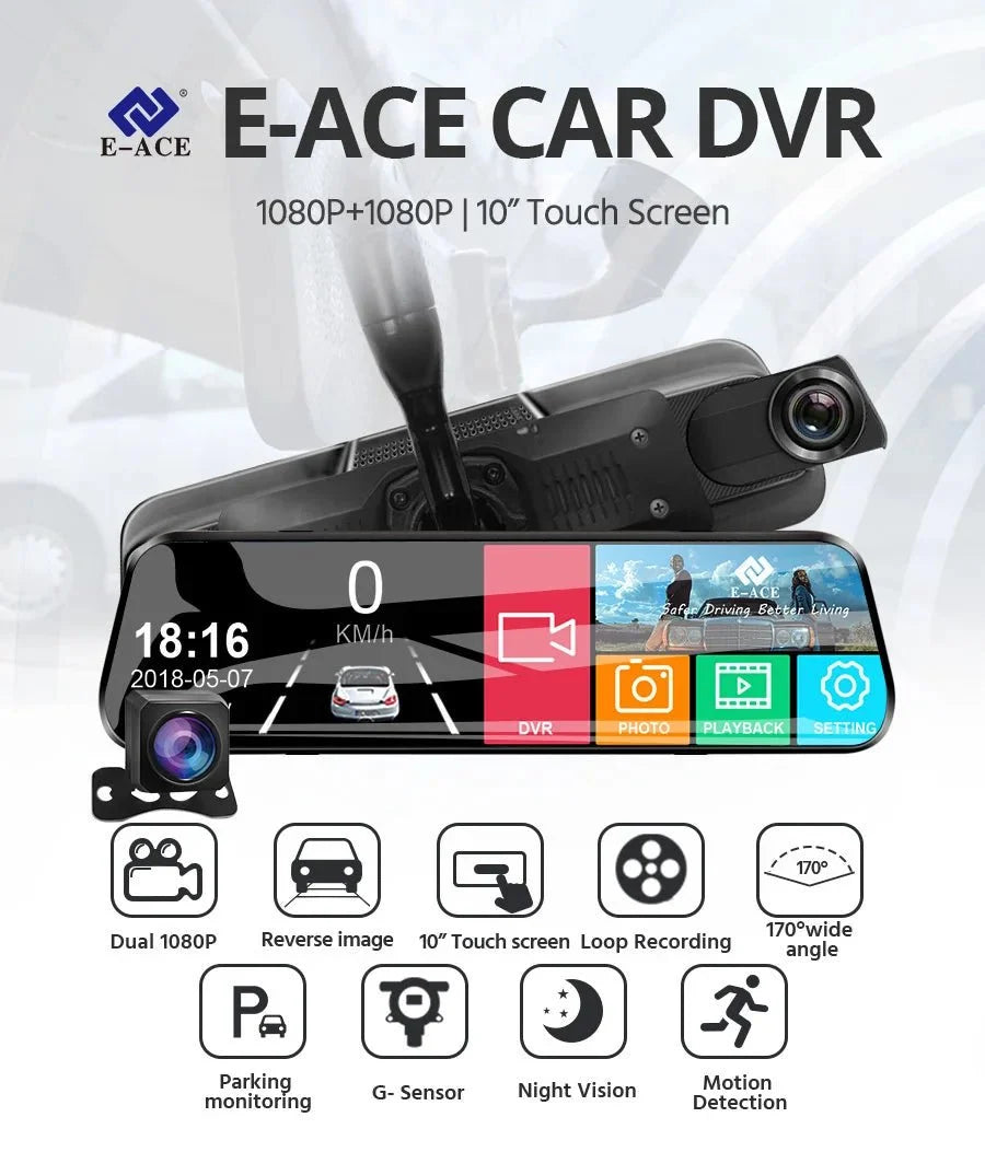 Acceo 10 Inch Car DVR Rearview Mirror Dual 1080P Touch Screen Night Vision - stepyours.com