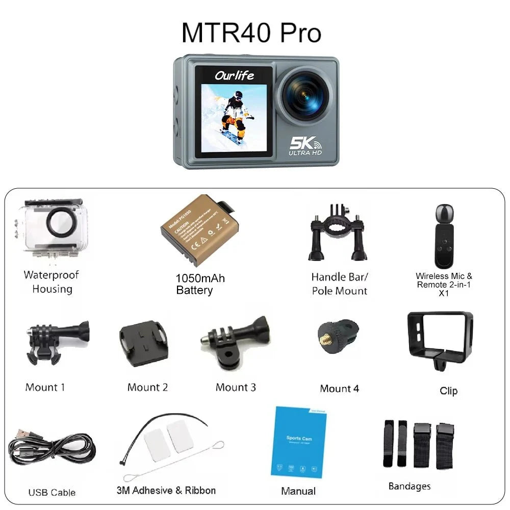 Ourlife MTR40 5K Action Camera IPS Touch Screen 170 Degree Waterproof 30M WiFi - stepyours.com