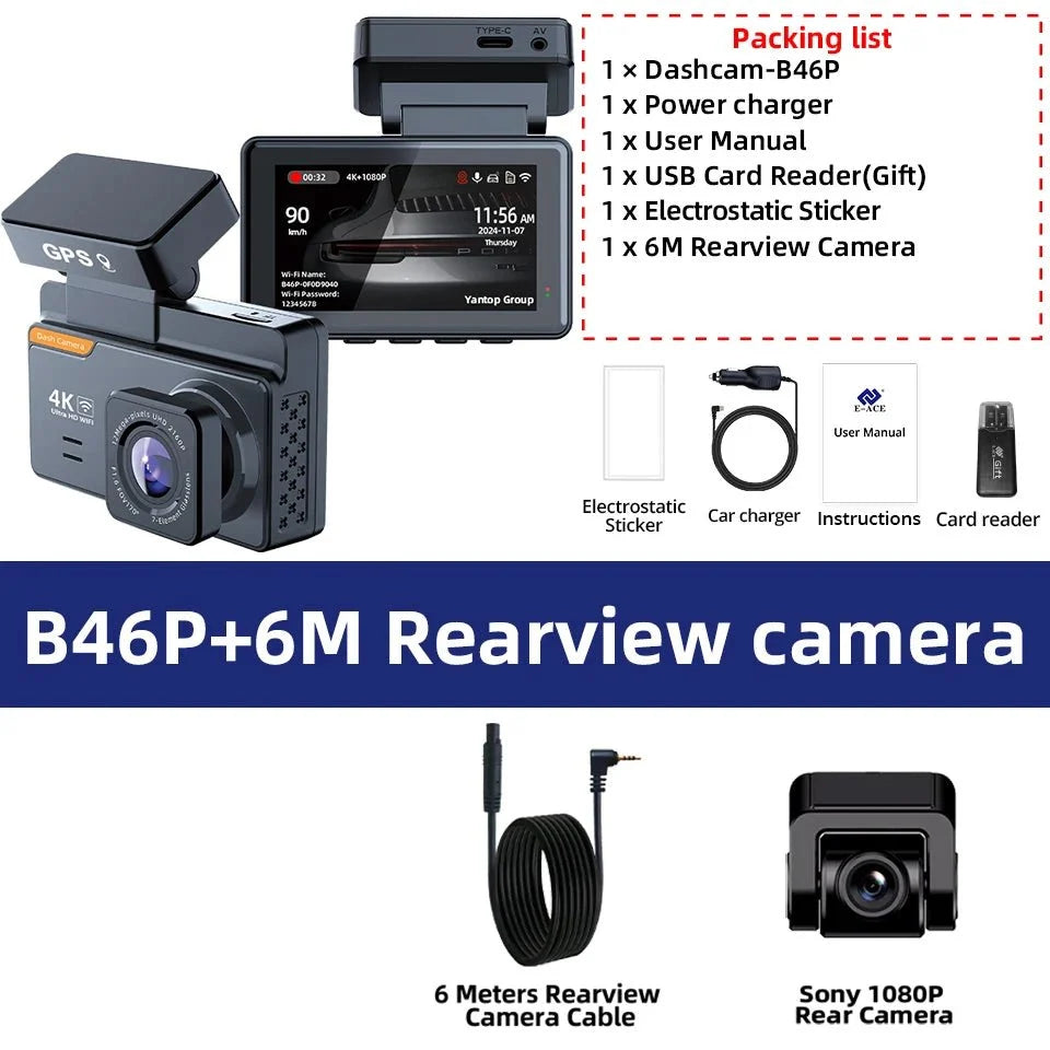 E - ACE Dash Cam 4K Dual Lens GPS WiFi 24h Parking Night Vision Rear View - stepyours.com