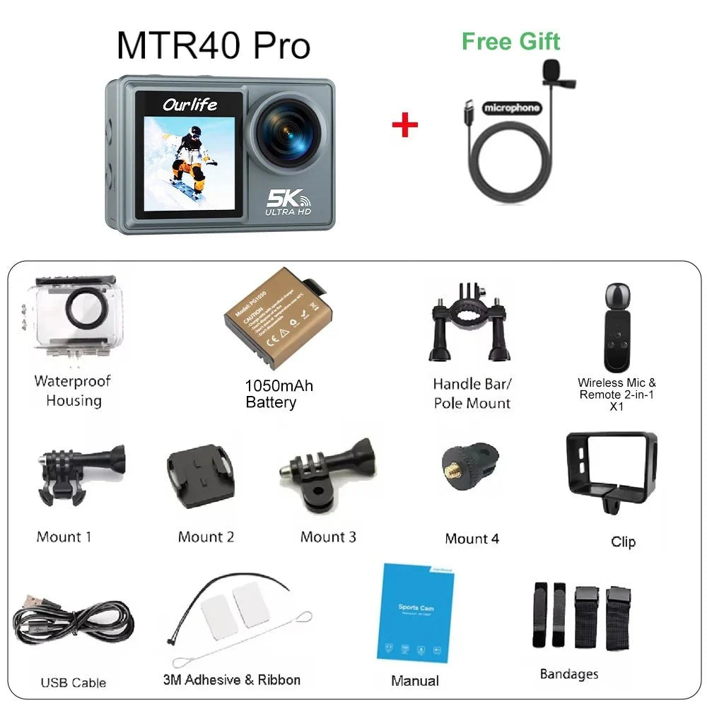 Ourlife MTR40 5K Action Camera 2 Inch IPS Touch Screen 5X Zoom 30M Waterproof - stepyours.com