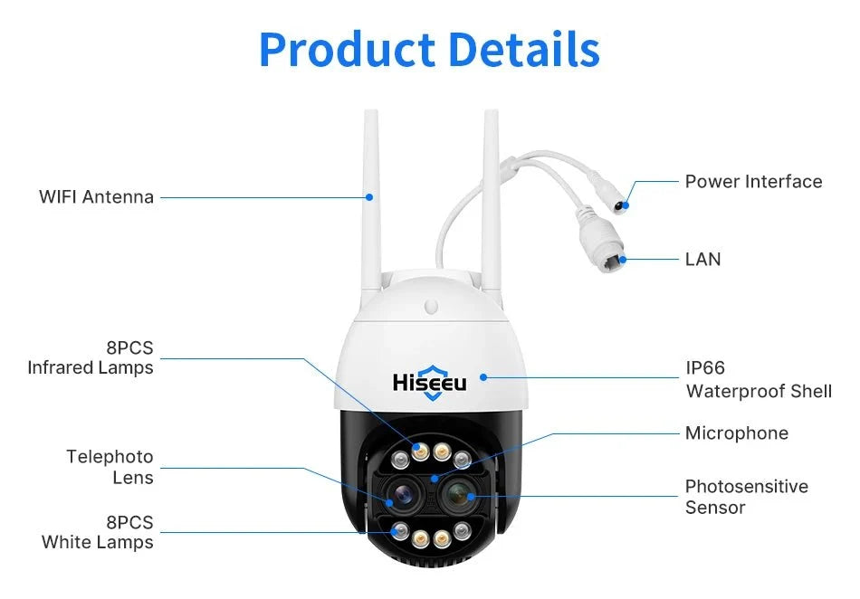 Hiseeu 4K 8MP PTZ WiFi IP Camera With 8X Zoom Night Vision And Smart Detection - stepyours.com