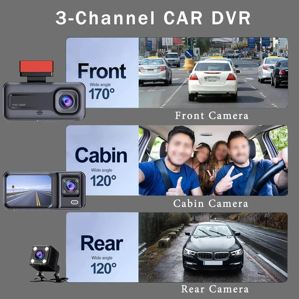 3 Channel Dash Cam for Cars 1080P Video Recorder Rear View Car DVR - stepyours.com