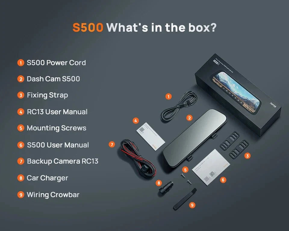 70mai S500 Rearview Dash Cam 9.35 Inch Touch Screen Dual Channel 3K HDR - stepyours.com