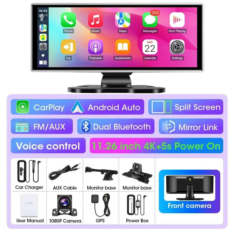 11.26 Inch 4K Dual Lens Dash Cam With Wireless CarPlay Android Auto GPS WiFi - stepyours.com