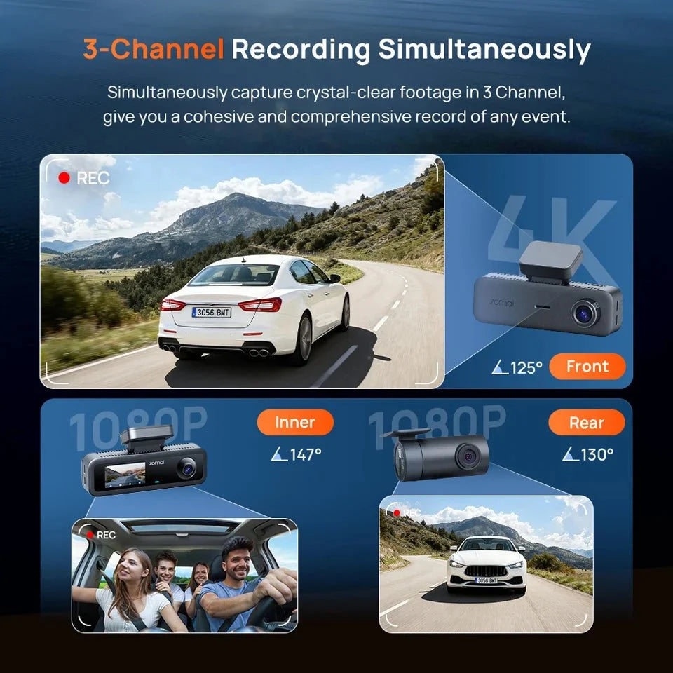 70mai T800e 3 Channel Dash Cam 4K Front 1080p Rear And Interior HDR GPS WiFi 6 - stepyours.com