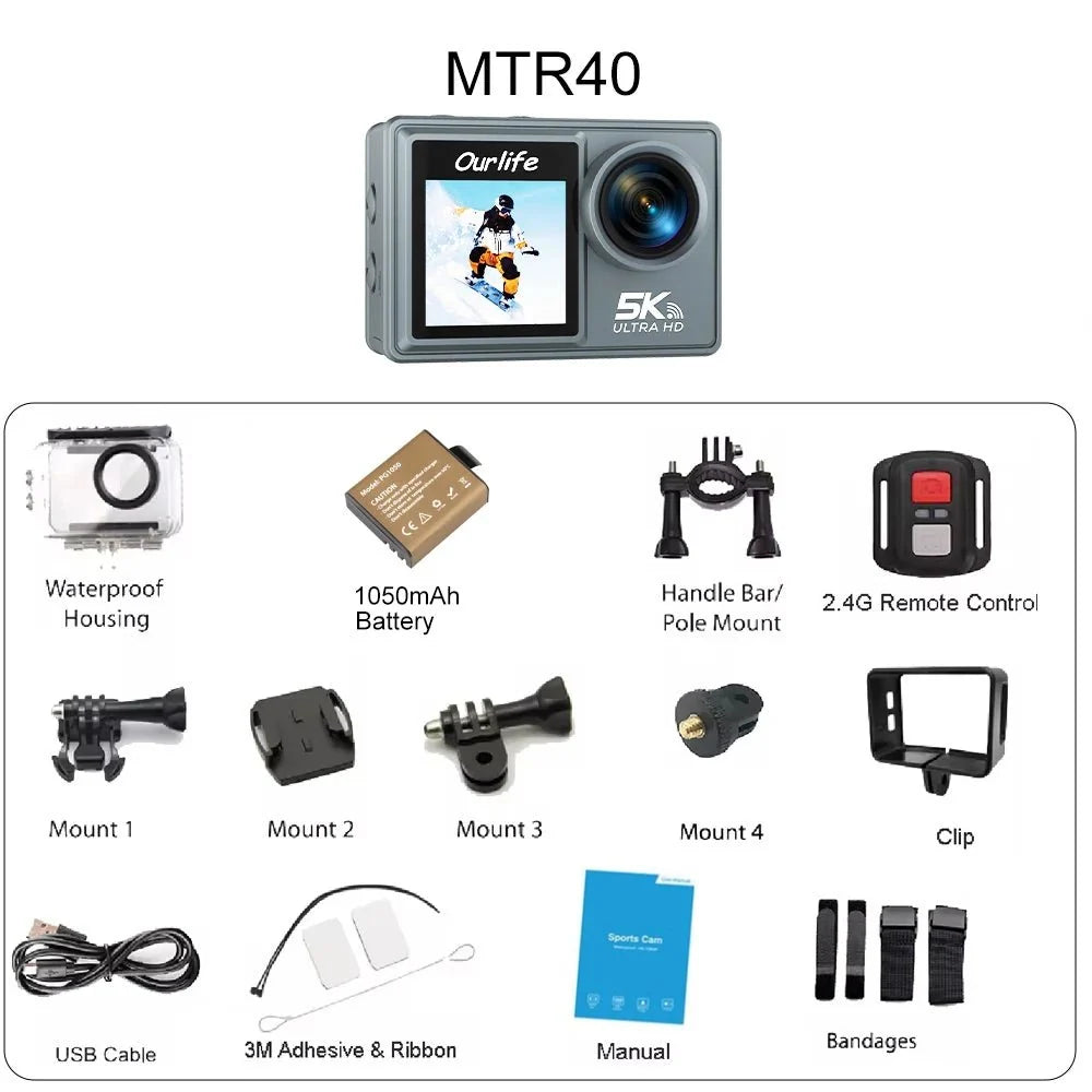 Ourlife MTR40 5K Action Camera 2 Inch IPS Touch Screen 5X Zoom 30M Waterproof - stepyours.com