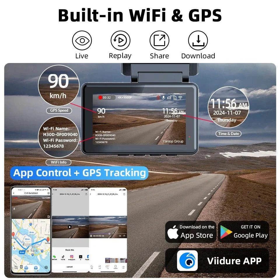 E - ACE Dash Cam 4K Dual Lens GPS WiFi 24h Parking Night Vision Rear View - stepyours.com